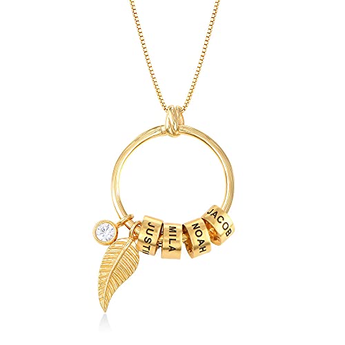 MyNameNecklace Personalisierte KreisanhŠnger-Kette mit Blatt und Beads aus 925er Sterling Silber - Weihnachten Graviert Name Schmuck Geschenk fŸr Damen | Mutter | Freundin (Gold Vermeil) von MyNameNecklace