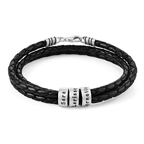 MyNameNecklace MYKA Herren Armband Geflochten Schwarz Braun mit kleinen Gravur Perlen Leder in Sterling Silber 925 - Herren Geschenk Echtleder (925er Sterling Silber) von MyNameNecklace