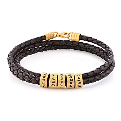 MYKA Herren Armband Geflochten Schwarz Braun mit kleinen Gravur Perlen Leder in Sterling Silber 925 / Vergoldet - Herren Geschenk Echtleder (Braunes Leder und 750er Vergoldet) von MyNameNecklace