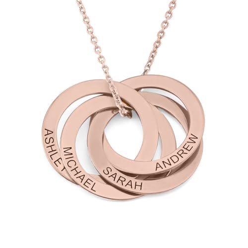 MyNameNecklace MYKA Personalisierbare Russische Ring Halskette mit Gravur auf Vier Ringen in Sterling Silber 925 / Vergoldet - Halskette für Damen (750er Rosévergoldete 925er Sterling Silber) von MyNameNecklace