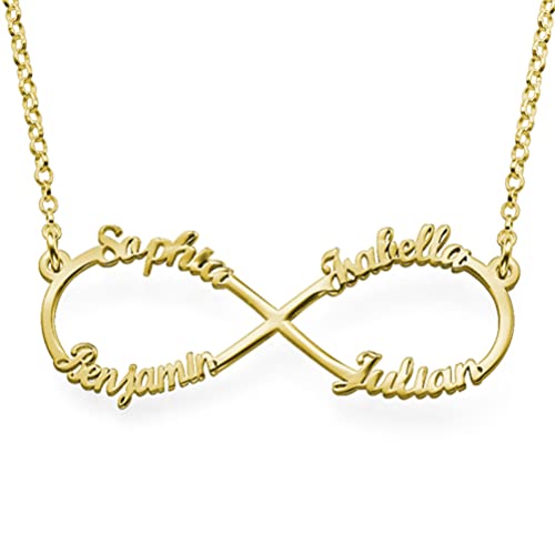 MyNameNecklace MYKA – Personalisierte Infinity Love Halskette mit 4 Namen für Frauen – Individuell Ausgeschnittener Namensanhänger Schmuck für sie – Geschenk zum Muttertag (750er Vergoldet) von MyNameNecklace