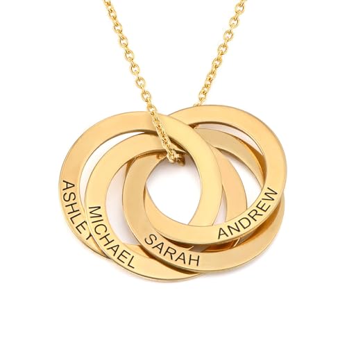 MyNameNecklace MYKA Personalisierbare Russische Ring Halskette mit Gravur auf Vier Ringen in Sterling Silber 925 / Vergoldet - Halskette für Damen (750er vergoldetes 925er Silber) von MyNameNecklace