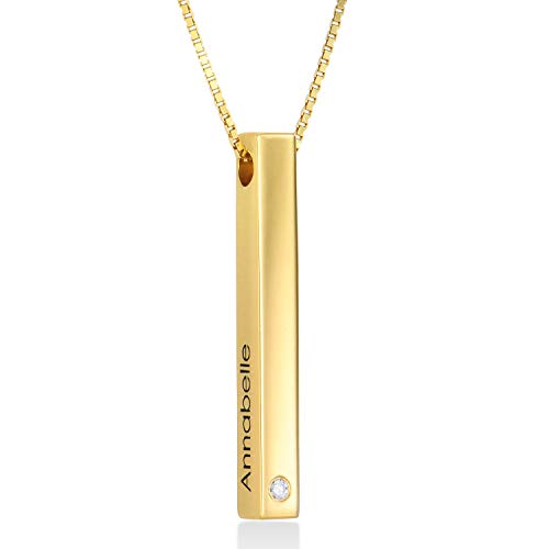 MYKA Personalisiert Vertikale 3D-Barrenkette mit Gravur mit Diamant in Sterling Silber 925 / Vergoldet - Geschenk für Damen - Mutter - Freundin (750er Gold-Vermeil) von MyNameNecklace