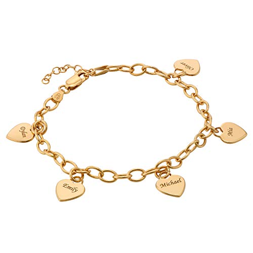 MyNameNecklace MYKA Personalisierte Gravierbares Armband mit Herz Charms aus Sterling Silber 925 / Vergoldet - Schmuck Geschenk für Damen - Mutter - Freundin (750er Gold-Vermeil) von MyNameNecklace