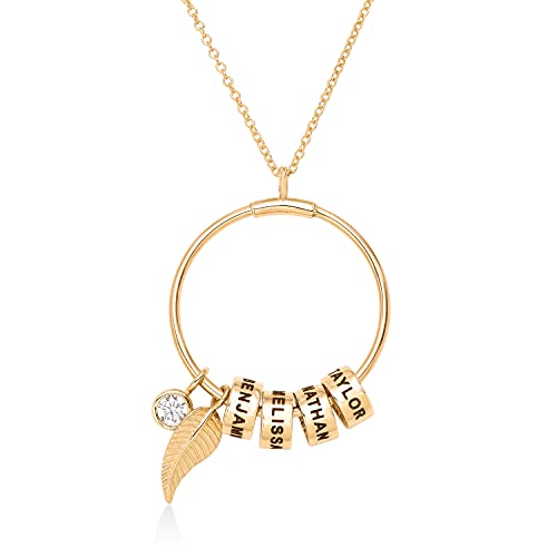 MyNameNecklace MYKA Personalisierte Linda Kreisanhänger-Kette mit Blatt und Beads™ aus Sterling Silber 925 / Vergoldet - Geschenk für Damen - Mutter - Freundin (417er Gold) von MyNameNecklace