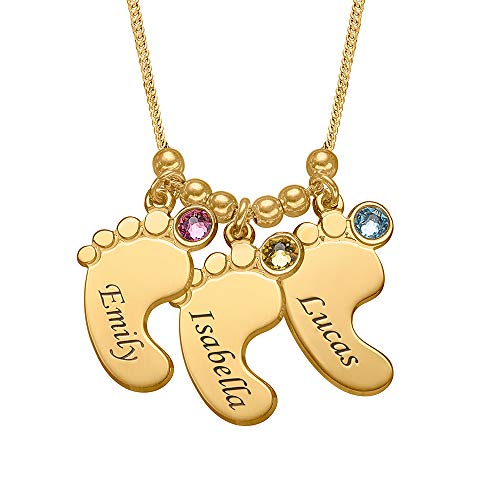 Myka Halskette mit Babyfüßen und Geburtssteinen oder Diamanten – bis zu 5 gravierte Charms – Silber, vergoldet, massives Gold – 35,6 cm – 55,9 cm Kette – von Myka, One Size, Sterling Silber Gelbgold von MyNameNecklace