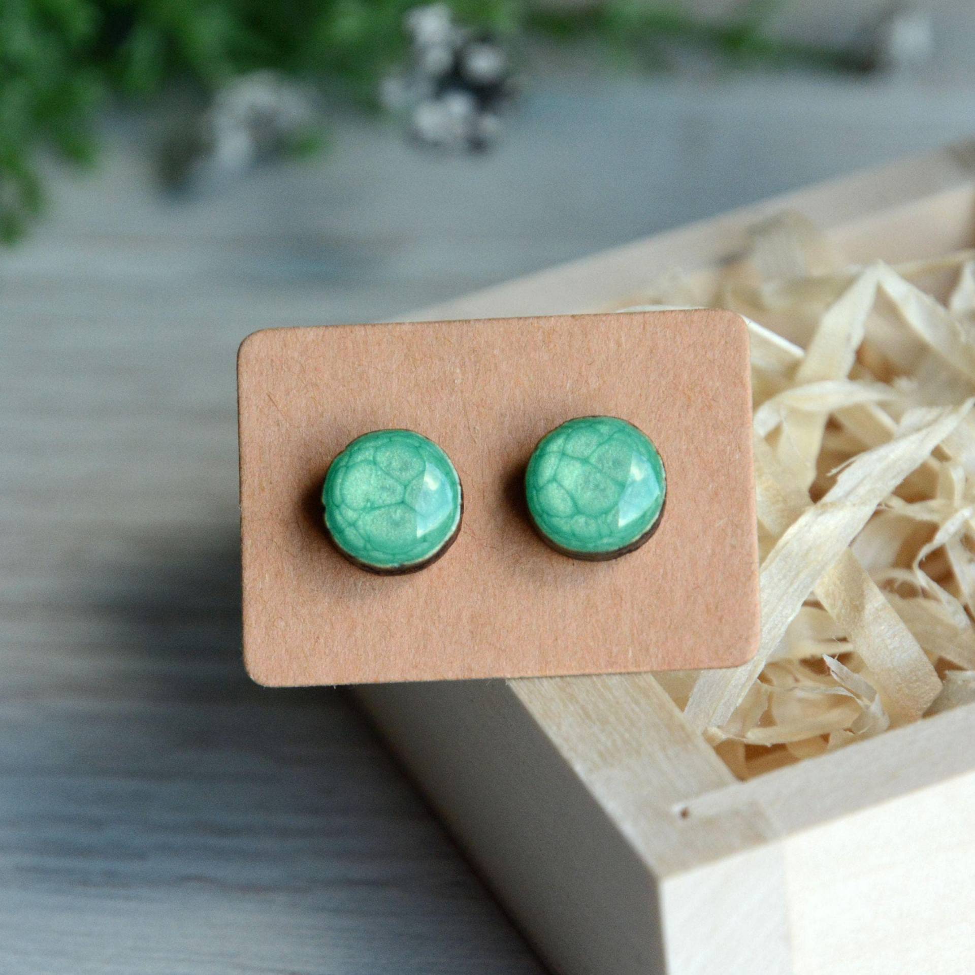 Hellgrüne Ohrstecker Mit Silbernen Beiträge, Perlmutt Grüner Schmuck Handbemalt Auf Holz Geschenkbox von MyPieceOfWood