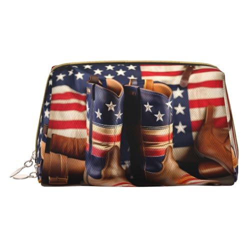 Americana Flagge Hirsch Druck Kosmetiktaschen, Leder Make-up Tasche klein für Brieftasche, Kosmetiktasche, Kulturbeutel Kupplung für Frauen Reisen, Amerikanische Flagge mit Cowboystiefeln, One Size von MyPiky