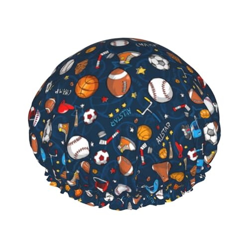 Baseball-/Basketball-/Fußball-/Hockey-Druck, elastische und wiederverwendbare Badehaube für langes Haar, große wasserdichte Duschhaube, für Damen, Herren, Kinder von MyPiky