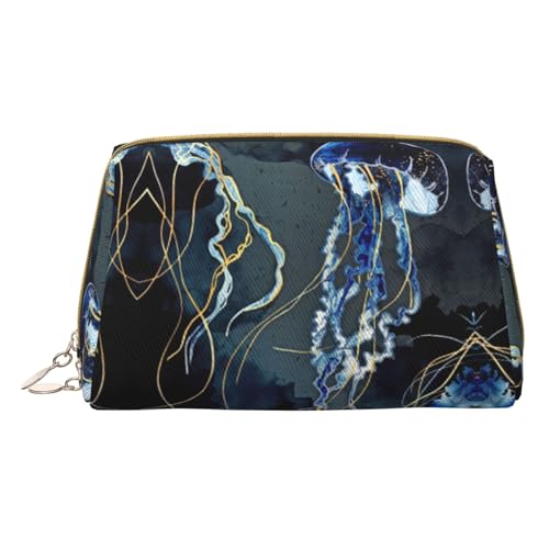 Blüte Blume Druck Kosmetische Taschen, Leder Make-up Tasche Klein Für Geldbörse, Kosmetik Beutel, Kulturbeutel Kupplung Für Frauen Reise, Blaue und goldene Quallen, One size von MyPiky