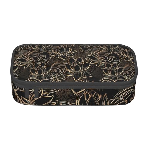 Boho-Stiftetui mit goldfarbenen Lotusblumen, modisch, funktional, praktische Aufbewahrung für den täglichen Gebrauch, Make-up, Toilettenartikel von MyPiky
