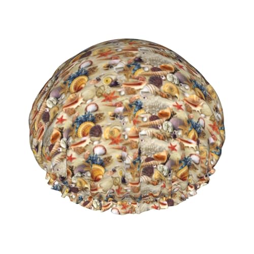 Duschhaube mit Seestern-Muschel-Motiv, elastisch und wiederverwendbar, für langes Haar, große wasserdichte Duschhaube, für Damen, Herren, Kinder von MyPiky