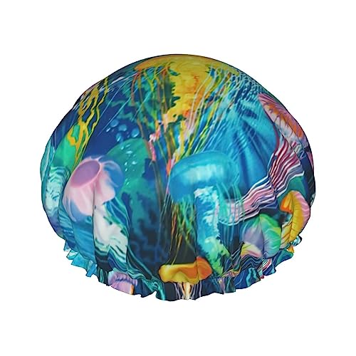 Duschhaube mit farbigen Quallen, elastisch und wiederverwendbar, für langes Haar, große wasserdichte Duschhaube, für Damen, Herren, Kinder von MyPiky