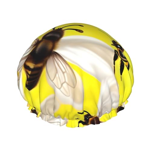 Duschhaube mit fliegenden Bienen, Gänseblümchen, Honig, elastisch, wiederverwendbar, für langes Haar, große wasserdichte Duschhaube, für Damen, Herren, Kinder von MyPiky