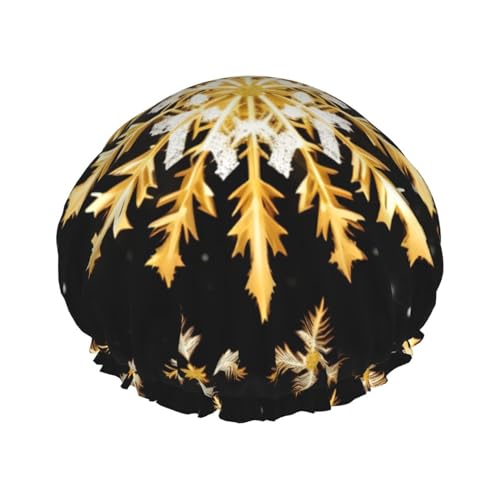 Duschhaube mit goldenem Weihnachts-Schneeflocken-Druck, elastisch und wiederverwendbar, für langes Haar, große wasserdichte Duschhaube, für Damen, Herren, Kinder von MyPiky