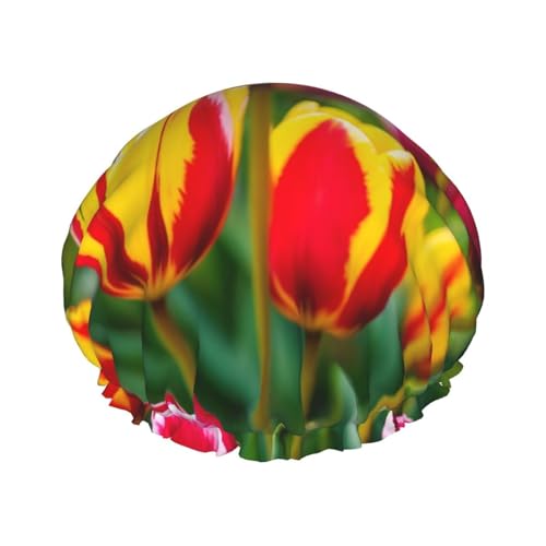 Duschhaube mit rotem Tulpenmuster, elastisch und wiederverwendbar, für langes Haar, große wasserdichte Duschhaube, für Damen, Herren, Kinder von MyPiky