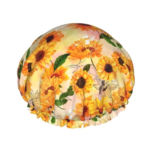 Duschhaube mit schönem Sonnenblumen-Druck, elastisch und wiederverwendbar, für langes Haar, große wasserdichte Duschhaube, für Damen, Herren, Kinder von MyPiky
