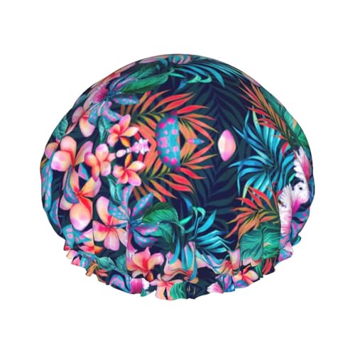 Duschhaube mit tropischem Blumendruck, elastisch und wiederverwendbar, für langes Haar, große wasserdichte Duschhaube, für Damen, Herren, Kinder von MyPiky