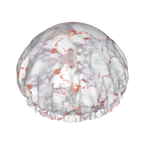 Duschhaube mit weißem Marmor-Roségolddruck, elastisch und wiederverwendbar, für langes Haar, große wasserdichte Duschhaube, für Damen, Herren, Kinder von MyPiky