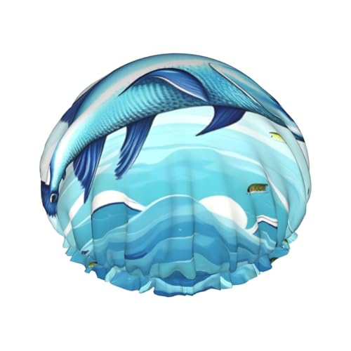 Flying Fish In The Oceans Print Duschhaube, Elastische und Wiederverwendbare Badewanne Haarhut Für Lange Haare, Große Wasserdichte Dusche Motorhaube, Für Frauen Männer Kinder von MyPiky