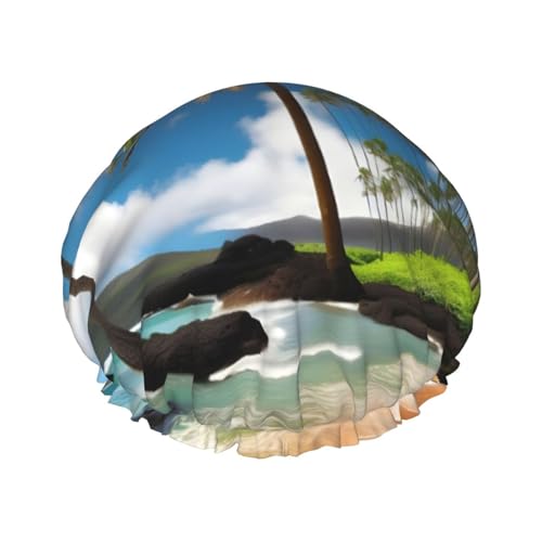 Große Duschhauben mit tropischer Palme, Hawaii-Strand-Druck, elastisches Band, Haarkappe, doppelte wasserdichte Schichten, Badehut, für Damen, Herren, Kinder Große Duschhauben mit tropischer Palme, Hawaii-Strand-Druck, elastisches Band, Haarkappe, doppelte wasserdichte Schichten, Badehut, für Damen, Herren, Kinder von MyPiky