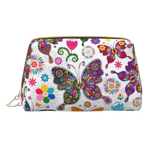 Klar Meer Wasser Weiß Sand Strand Druck Kosmetische Taschen, Leder Make-up Tasche Klein Für Geldbörse, Kosmetische Beutel, Kulturbeutel Kupplung Für Frauen Reise, Bunte Schmetterlinge und Blumen, One von MyPiky