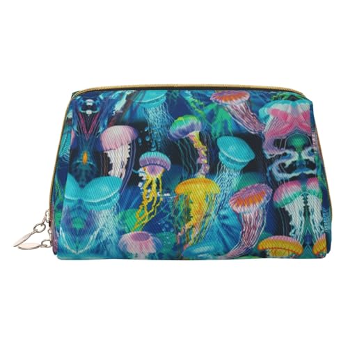 Klar Meer Wasser Weiß Sand Strand Druck Kosmetische Taschen, Leder Make-up Tasche Klein Für Geldbörse, Kosmetische Beutel, Kulturbeutel Kupplung Für Frauen Reise, Farbige Quallen, One size von MyPiky