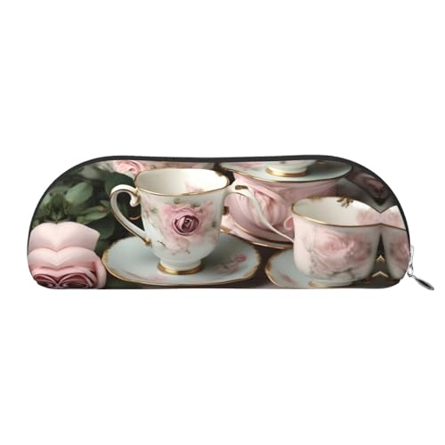 Kosmetiktasche für Damen, mit Blumenmuster, Blaugrün, Grau und Weiß, Make-up-Tasche, Reise-Aufbewahrungstasche, Kulturbeutel, Federmäppchen, Romantische Teetassen mit Rosen, One Size von MyPiky