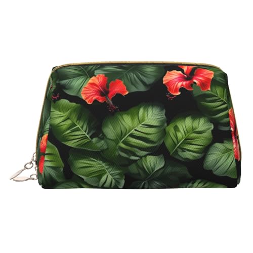 Make-up-Tasche aus Leder mit tropischen Blättern, kleine Reise-Kosmetiktasche für Damen, Kosmetik-Organizer, Make-up-Tasche für Geldbörse, Tropische Blumen und Laub, One Size von MyPiky