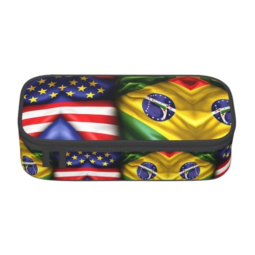Modische und funktionale Federmappe mit amerikanischen und brasilianischen Flaggen, praktische Aufbewahrung für den täglichen Gebrauch, Make-up, Toilettenartikel von MyPiky