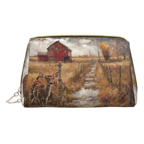 MyPiky Bauernhof Mit Hirsch Druck Kosmetiktaschen,Leder Make-up Tasche Klein Für Geldbörse, Kosmetiktasche, Kulturbeutel Kupplung Für Frauen Reisen, Bauernhof mit Hirsch2, One Size, Bauernhof mit von MyPiky