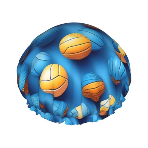 MyPiky Blaue Duschhaube mit Volleyball-Druck, elastisch und wiederverwendbar, für langes Haar, große wasserdichte Duschhaube, für Damen, Herren, Kinder von MyPiky