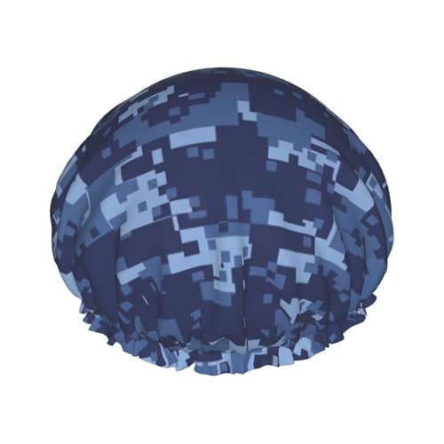 MyPiky Blauer Tarndruck Duschhaube, Elastischer und Wiederverwendbarer Badehaarhut für langes Haar, Große wasserdichte Duschhaube für Frauen, Männer, Kinder von MyPiky