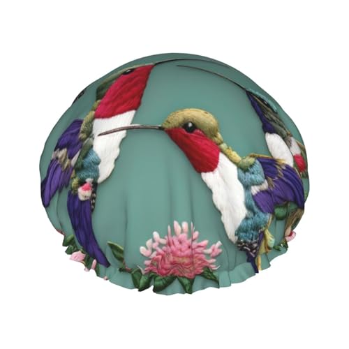 MyPiky Blume Kolibris Stickerei Druck Duschhaube, Elastische und Wiederverwendbare Badehaarhut für langes Haar, Große wasserdichte Duschhaube, für Frauen, Männer, Kinder von MyPiky