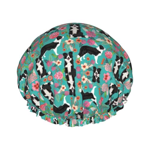 MyPiky Border Collie Florals Druck Duschhaube, Elastische und Wiederverwendbare Badewanne Haarhut Für Lange Haare, Große Wasserdichte Dusche Motorhaube, Für Frauen Männer Kinder von MyPiky