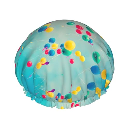 MyPiky Bunte Luftballons, blauer Himmel-Druck, elastische und wiederverwendbare Badehaube für langes Haar, große wasserdichte Duschhaube, für Damen, Herren, Kinder von MyPiky