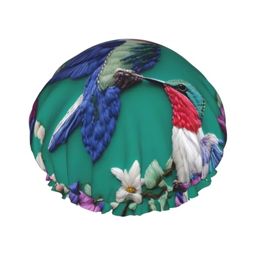 MyPiky Duschhaube mit Blumen-Kolibri-Stickerei, elastischer und wiederverwendbarer Badehut für langes Haar, große wasserdichte Duschhaube, für Damen, Herren, Kinder von MyPiky