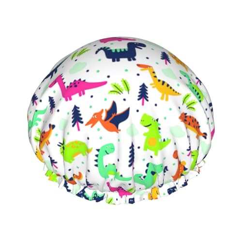 MyPiky Duschhaube mit buntem Dinosaurier-Druck, elastisch und wiederverwendbar, für langes Haar, große wasserdichte Duschhaube, für Damen, Herren, Kinder von MyPiky