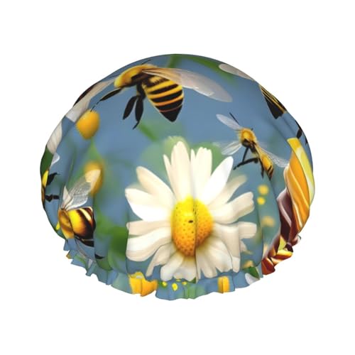 MyPiky Flying Bees Daisy Honey Print Duschhaube, Elastische und Wiederverwendbare Badewanne Haarhut Für Lange Haare Große Wasserdichte Dusche Motorhaube Für Frauen Männer Kinder von MyPiky