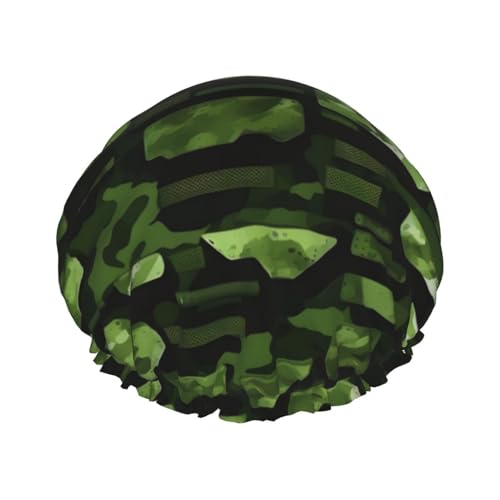 MyPiky Grüne Duschhaube mit militärischer Tarndruck, elastischer und wiederverwendbarer Badehaarhut für langes Haar, große wasserdichte Duschhaube, für Frauen, Männer, Kinder von MyPiky