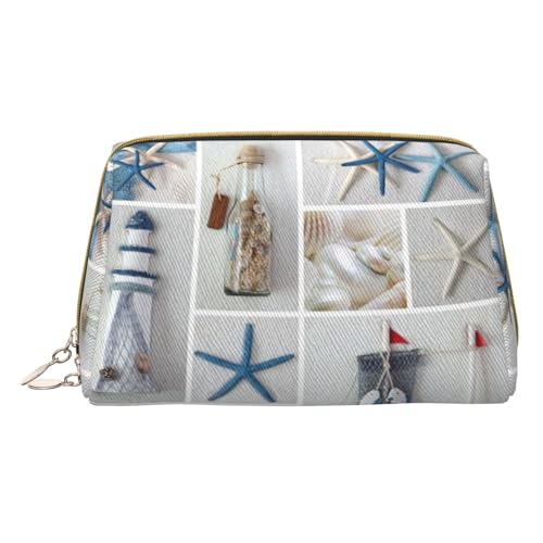 MyPiky Kosmetiktasche aus Leder, Motiv: Muschel, Seestern, Leuchtturm, klein, für Geldbörse, Kosmetiktasche, Kulturbeutel für Damen, Reisen, Flasche Muschel Seestern Leuchtturm, Einheitsgröße von MyPiky