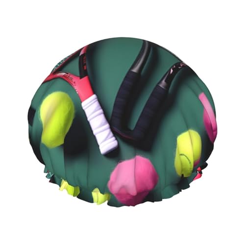 MyPiky Lustige Tennisschläger und Tennisbälle Druck Duschhaube, Elastische und Wiederverwendbare Badehaarhut für langes Haar, Große wasserdichte Duschhaube, für Frauen, Männer, Kinder von MyPiky