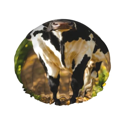 Niedliche Duschhaube mit Kuhdruck, elastischer und wiederverwendbarer Badehaarhut für langes Haar, große wasserdichte Duschhaube für Frauen, Männer, Kinder von MyPiky
