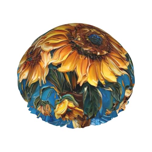 Ölgemälde Sonnenblume Druck Duschhaube Elastische und Wiederverwendbare Badehaarhut für langes Haar Große wasserdichte Duschhaube für Frauen Männer Kinder von MyPiky