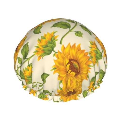 Schöne, gelbe Sonnenblumen-Druck-Duschhaube, elastisch und wiederverwendbar, für langes Haar, große wasserdichte Duschhaube, für Damen, Herren, Kinder von MyPiky