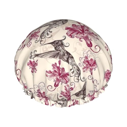 Schöne Blumen Kolibri Print Duschhaube, Elastischer und Wiederverwendbarer Badehaarhut für langes Haar, große wasserdichte Duschhaube, für Frauen, Männer, Kinder von MyPiky