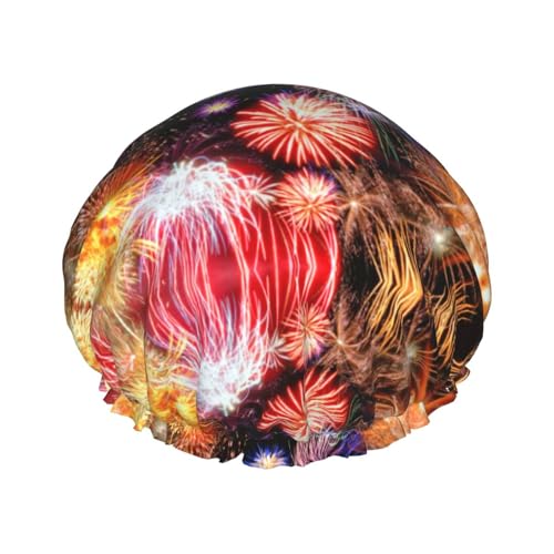 Schöne Duschhaube mit Feuerwerk-Druck, elastisch und wiederverwendbar, für langes Haar, große wasserdichte Duschhaube, für Damen, Herren, Kinder von MyPiky