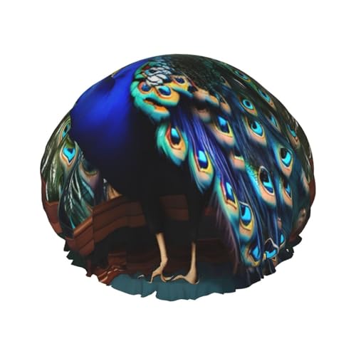 Schöne Pfau Foto Druck Duschhaube, elastische und wiederverwendbare Badehaarhut für langes Haar, große wasserdichte Duschhaube, für Frauen, Männer, Kinder von MyPiky