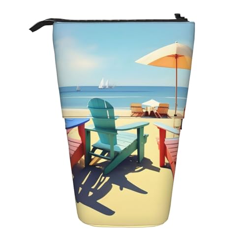 Stehendes Federmäppchen mit Strandstühlen und Landschafts-Druck, Teleskop-Federmäppchen, Pop-Up-Federmäppchen, Make-up-Kosmetiktasche von MyPiky