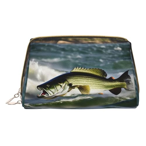 Strandszene Mit Stühlen Druck Kosmetiktaschen, Leder Make-up Tasche Klein Für Geldbörse, Kosmetiktasche, Kulturbeutel Kupplung Für Frauen Reise, Bass Fishing Wave, One size von MyPiky